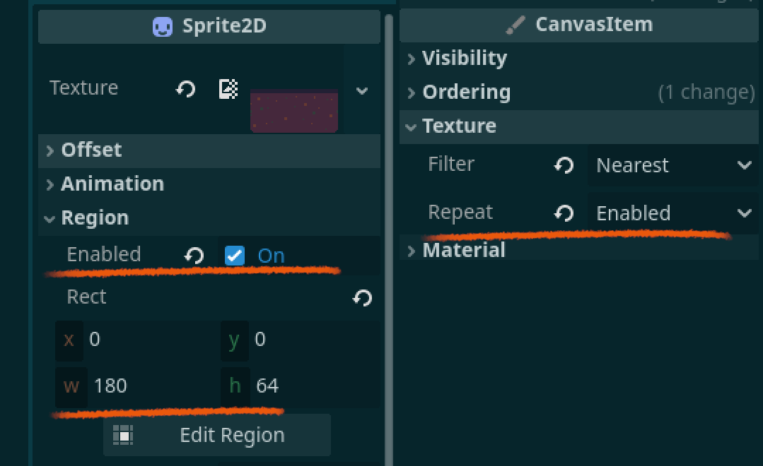 An annotated screenshot of Godot's node inspector panel, with orange lines highlighting the information relayed in the former paragraph.