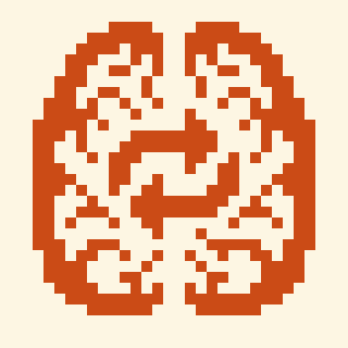 Pixel art of a brain as viewed from the top with a 'repeat track' symbol in the middle of the two hemispheres